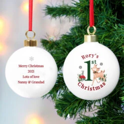 Kids Personalised 1st Christmas Festive Fawn Ceramic BaubleBG-6509