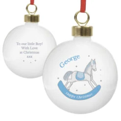 Personalised 1st Christmas Blue Rocking Horse Ceramic BaubleBG-6510 -Santa Gifts Shop BG 65100002