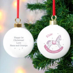 Personalised 1st Christmas Pink Rocking Horse Ceramic BaubleBG-6511