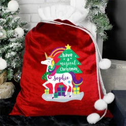 Personalised Unicorn Multicoloured Pom Pom Christmas SackBG-6667