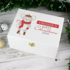 Personalised 1st Christmas Mouse White Wooden Keepsake BoxBG-7002