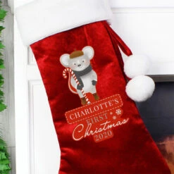 Personalised Babys Red Velvet First Christmas Mouse StockingBG-7006 -Santa Gifts Shop BG 70060002