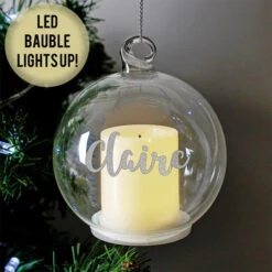 Personalised Glass LED Candle Memorial Christmas Tree BaubleBG-7009