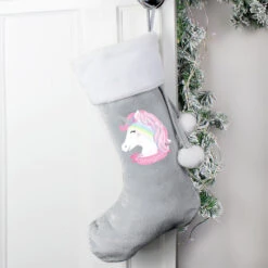 Personalised Christmas Unicorn Luxury Silver Grey StockingBG-7626