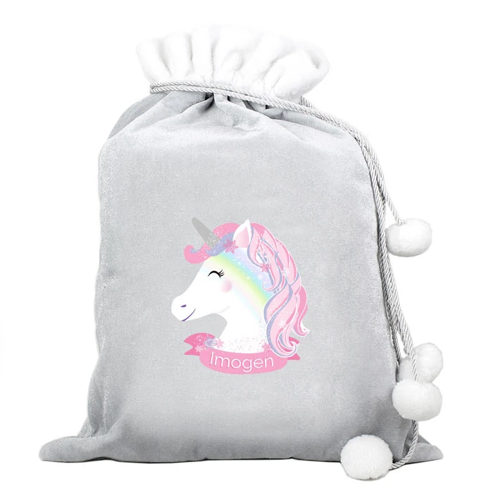 Personalised Christmas Unicorn Luxury Silver Pom Pom SackBG-7902 4 Personalised Christmas Unicorn Luxury Silver Pom Pom SackBG-7902 - Image 2