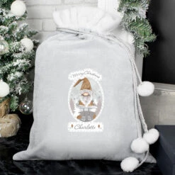 Personalised Christmas Gonk Luxury Silver Grey Pom Pom SackBG-8832