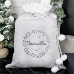 Personalised Holly Wreath Silver Christmas Santa SackBG-9343