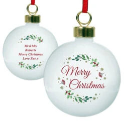 Personalised Merry Christmas Ceramic Tree BaubleBG-9357 -Santa Gifts Shop BG 93570004