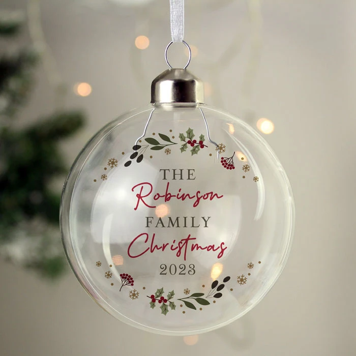 Personalised Holly Wreath Christmas Glass Tree BaubleBG-9359 3 Personalised Holly Wreath Christmas Glass Tree BaubleBG-9359