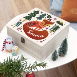 Personalised Scandi Fox Large Wooden Christmas Eve BoxBG-9407